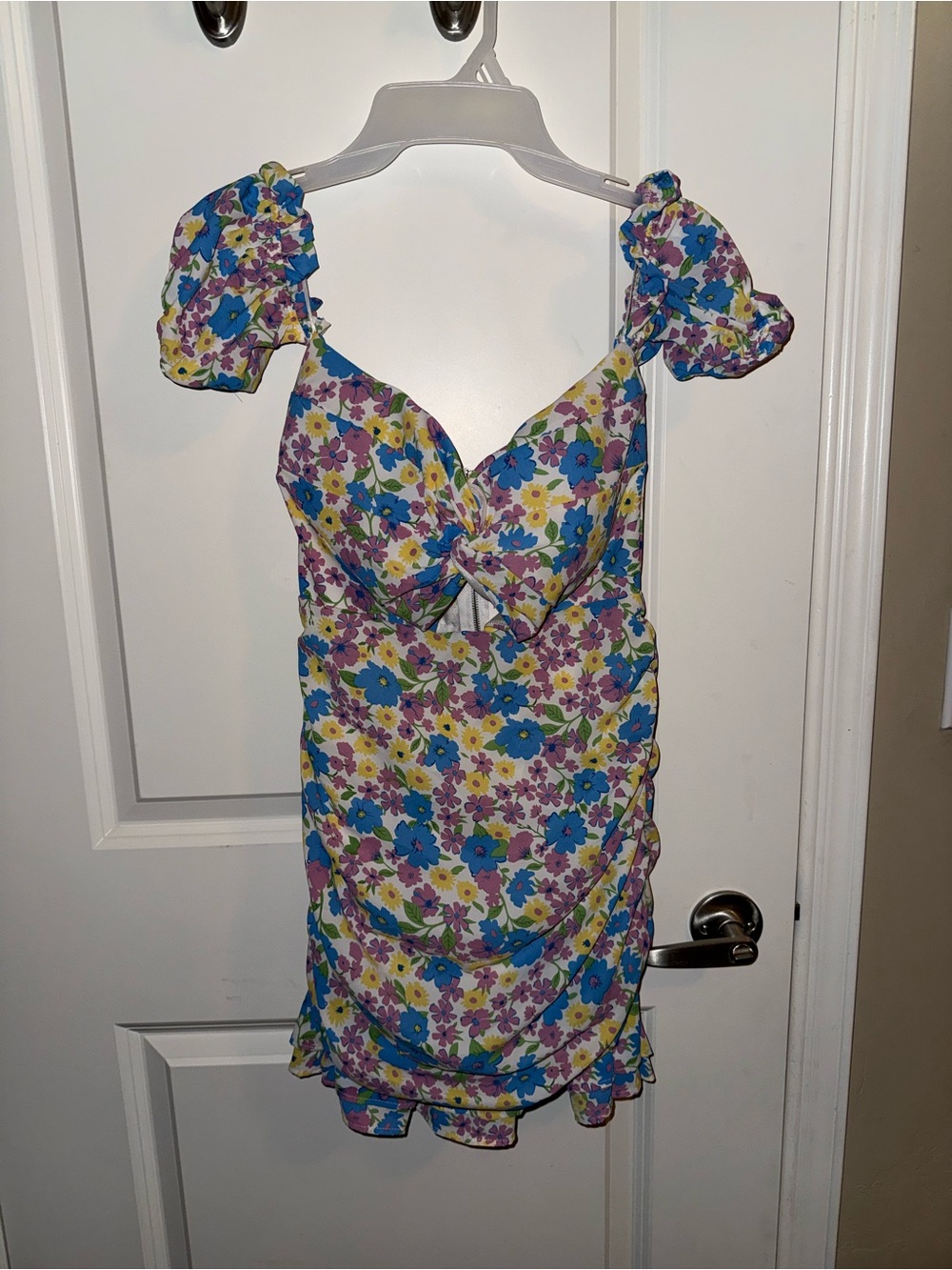 Floral Twist Front Puff Sleeve Mini Dress - Blue Multi